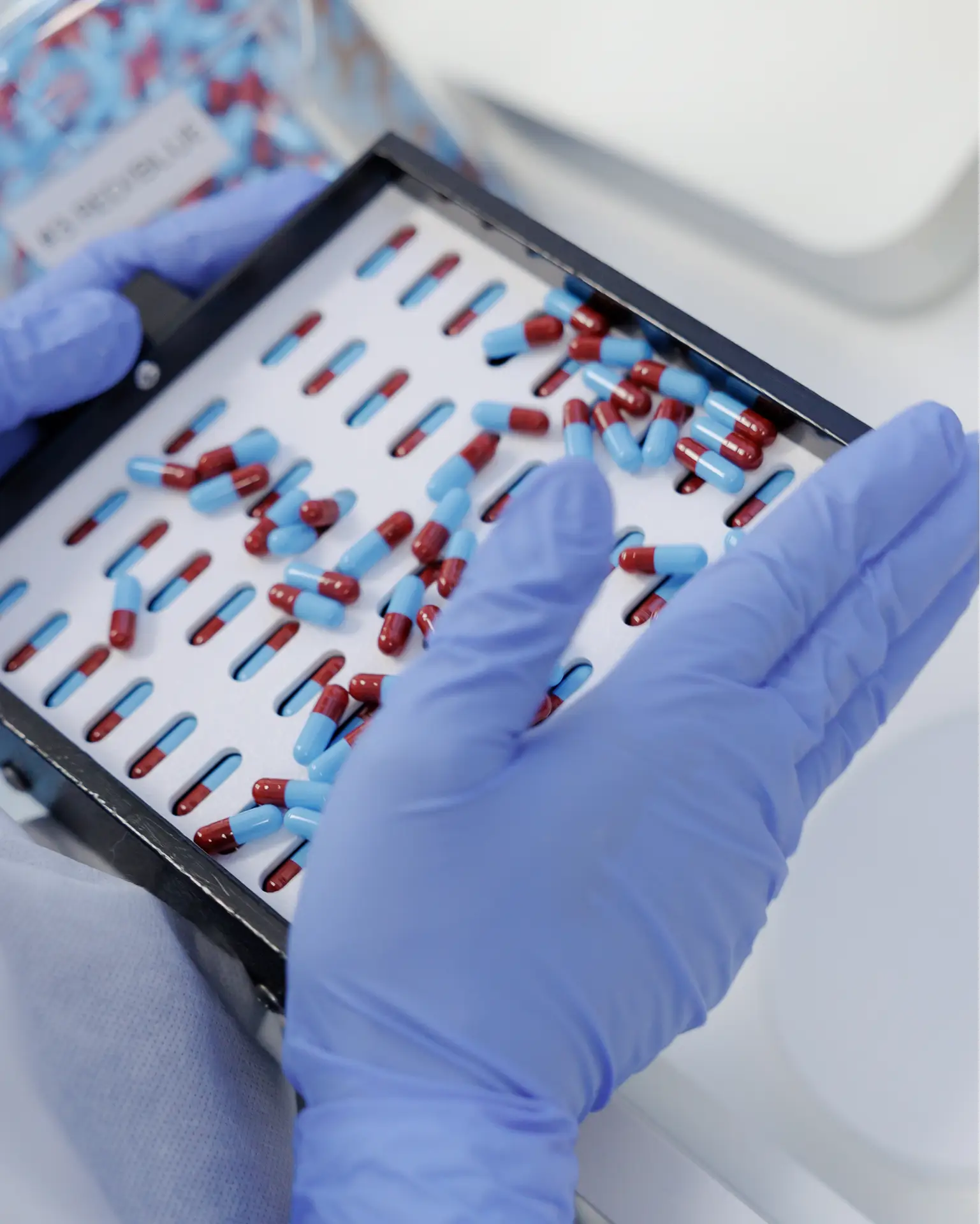 Person sorting red and blue capsules